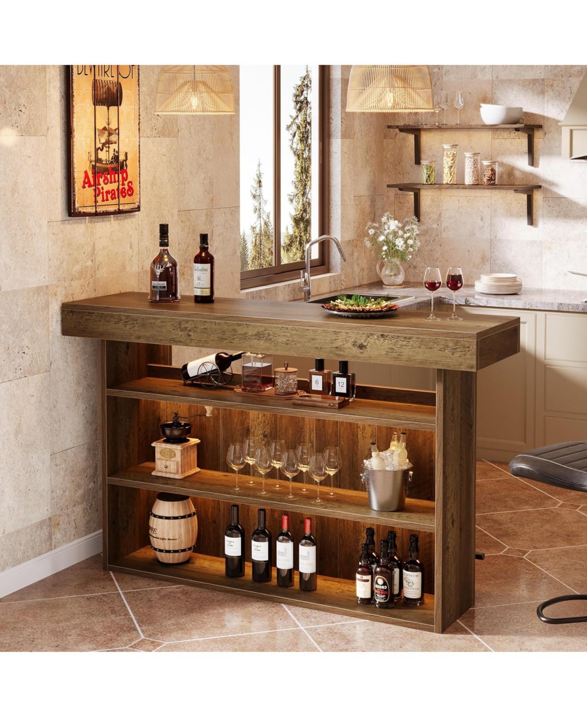 Tribesigns 63" Bar Table, 4-Tier Counter Height Pub Table with Footrest and Storage Shelves, Modern Home Bar Unit, Coffee Bar Cabinet Liquor Furn