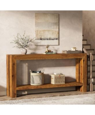 63-Inch Solid Wood Entryway Console Table, Farmhouse Narrow Couch Table Behind Sofa with 2-Tier Storage for Hallway, Living Room, Foyer