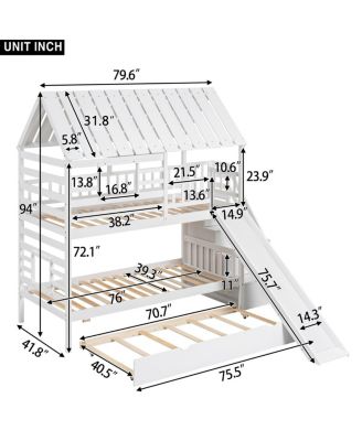 Twin over Twin Bunk Bed with Trundle, Slide, Stairs, Roof, Window, White