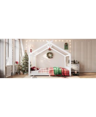 Queen House Floor Bed with Slats, Solid Wood Frame for Kids