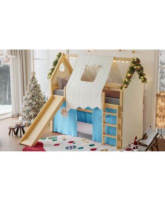 Twin Size House Loft Bed with Sills, Tents, Slide, Lights
