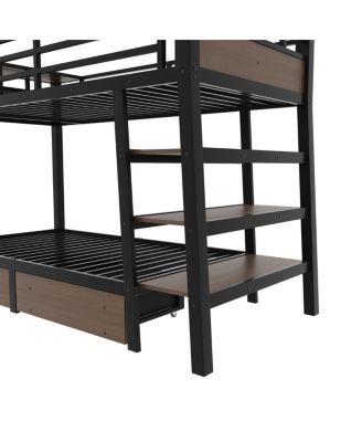 Twin Size Metal Bunk Bed with Storage, LED, and USB