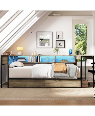 Corner Bed Frame Full Size w/ Bookcase, 2 Drawers, LED & Charging Station