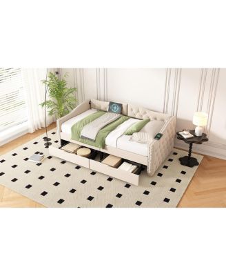 Upholstered Beige Daybed with Storage Drawers - Twin Size