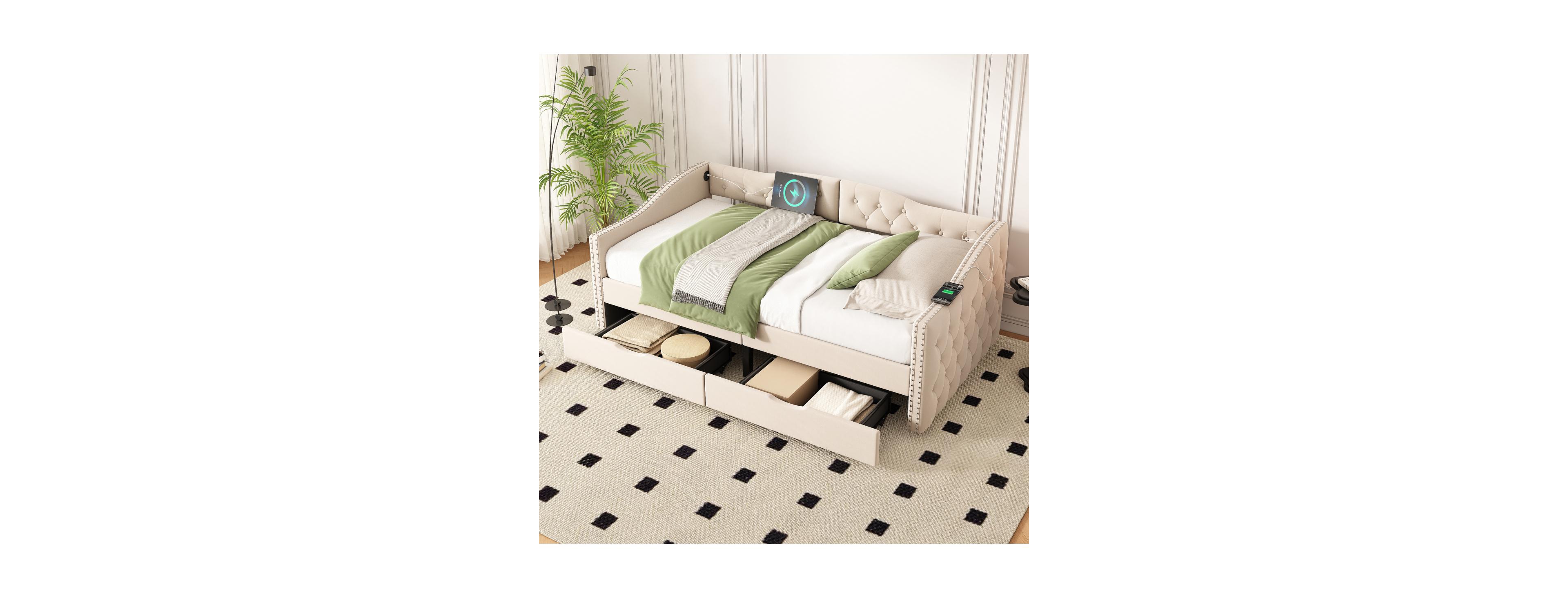 Streamdale Furniture Upholstered Beige Daybed with Storage Drawers - Twin Size