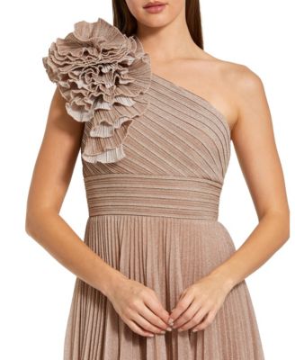 Women's Pleated Metallic One Shoulder Gown With Ruffle