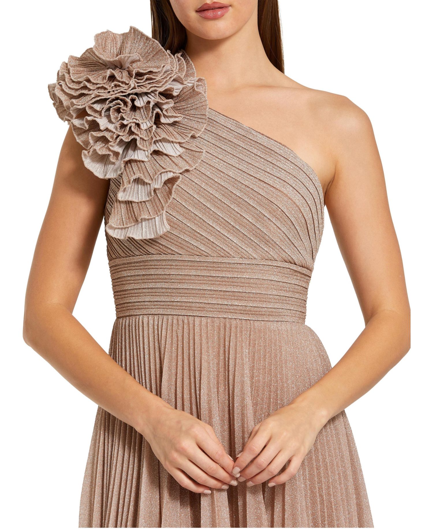 Women's Pleated Metallic One Shoulder Gown With Ruffle
