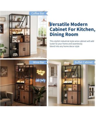 Tall Bar Cabinet with LED Lights, Storage & Power Outlets