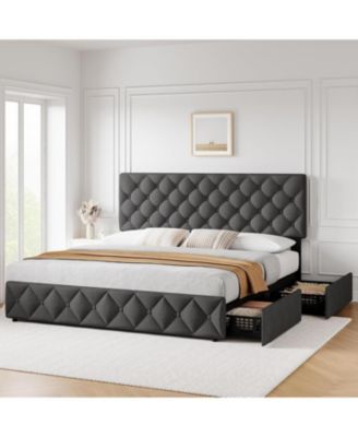 Bed Frame with 4 Storage Drawers and Headboard, Linen Upholstered Platform Bed frame - Queen