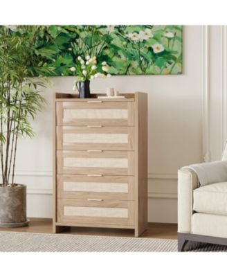 Rattan 5-Drawer Dresser for Bedroom, Boho Wooden Chest of Drawers with Large Storage, Beige