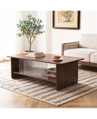 Modern minimalist 47-inch coffee table with storage and glass doors, Brown