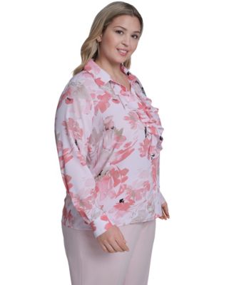 Plus Size Printed Long-Sleeve Ruffle-Front Top