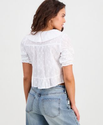Petite Ruffled-Front Clip-Dot Cotton Top