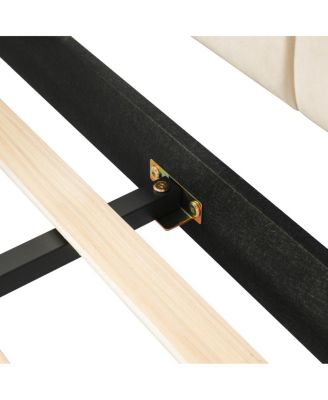  Full Size Upholstered Grounded Bed with Bedside Desk & Stool, Beige