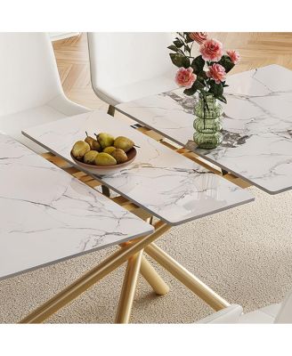59-inch Expandable Dining Table with Retractable Leaf, Charred Stone Top & Golden X-Base