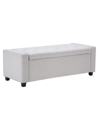 48" Storage Bench for End of Bed, Faux Linen Upholstered Storage Ottoman, Beige