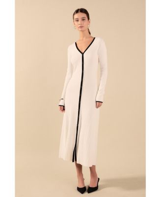 Women's Knit V Neck Long Sleeve Midi Dress