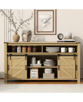 59.3" Farmhouse Barn Door Sideboard with Mesh Panels and Open Storage