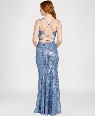 Juniors' Sequin Floral Pattern V-Neck Ball Gown