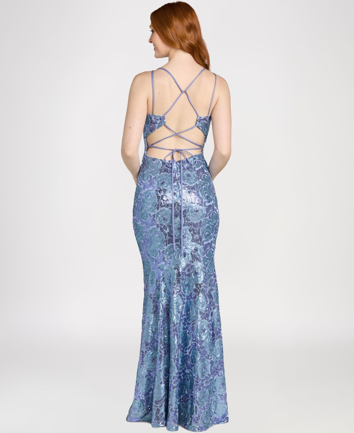 Morgan & Company Juniors' Sequin Floral Pattern V-Neck Ball Gown, Regular Plus