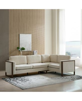  L-Shaped Sectional Sofa - Modern Beige Fabric with Walnut Legs