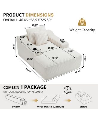 67" Corduroy Chaise Lounge Sleeper Sofa with Armrest, White