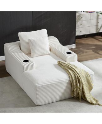 67" Corduroy Chaise Lounge Sleeper Sofa with Armrest, White