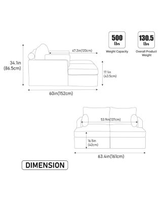  63.39" Wide Chenille Sofa Bed with Cushions & Metal Legs