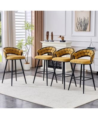  Set of 2 Yellow Velvet Bar Stools with Black Iron Legs