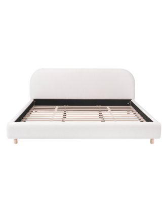 King Size Boucle Upholstered Bed, Curved Design, Solid Wood Legs