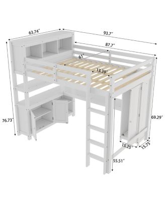 Wood Loft Bed with Cabinet, Bookshelf & Desk