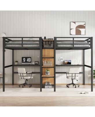 Twin Over Twin Metal Loft Bed with Double Desk, Wardrobe, Shelves & Outlet