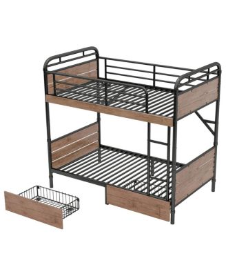 Twin XL over Twin XL Metal Bunk Bed with LED & Charge Station, 2 Drawers