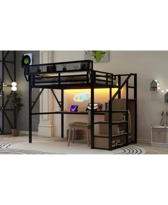 Full Loft Bed with Desk, Stairs & Charging Station, Black