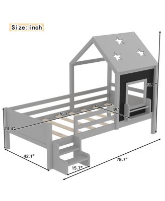 Twin House Bed with Stairs, Window, Bookcase, Blackboard, Star Roof