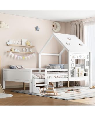 Full House Bed with Low-Profile Stairs, Window, Bookcase, Blackboard, Star Roof