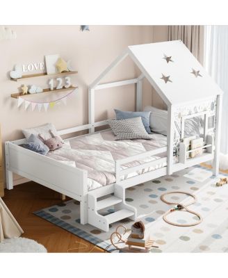 Full House Bed with Low-Profile Stairs, Window, Bookcase, Blackboard, Star Roof