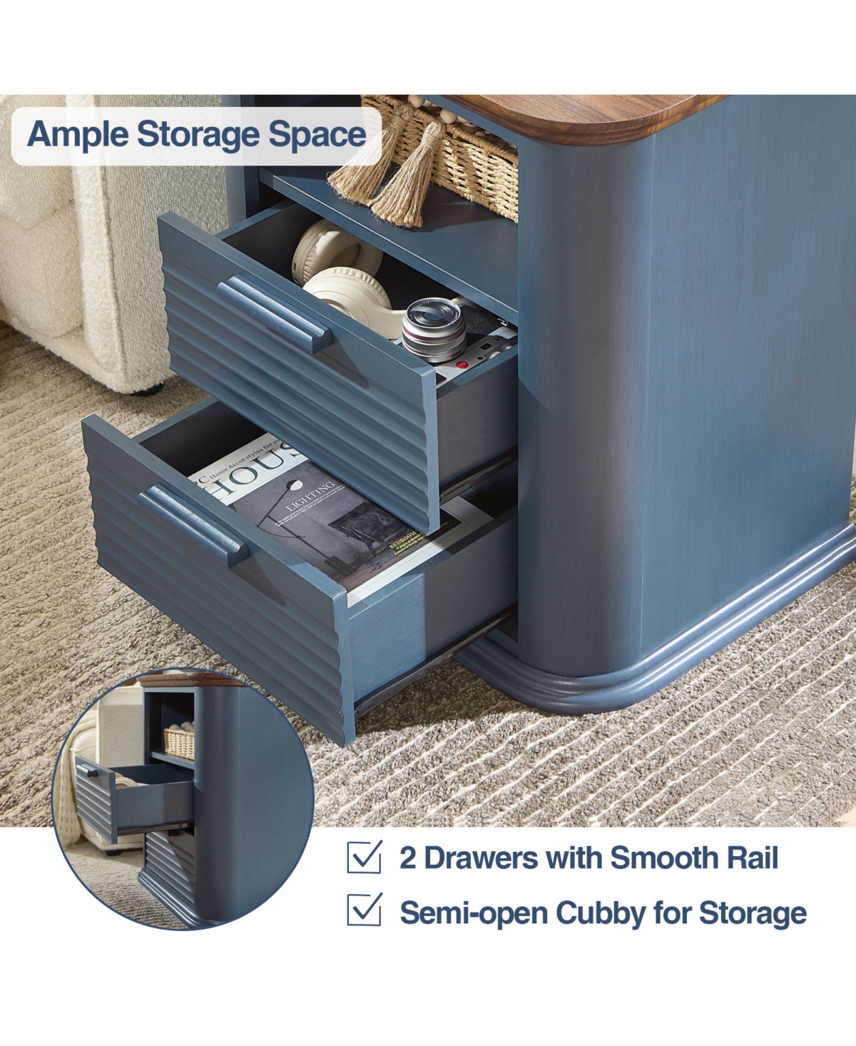 Rainsken 22" Fluted Nightstand with Charging Station, Modern Bedside Table with 2 Drawers and Open Storage for Living Room