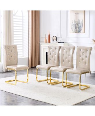 Set of 4 Retro Alligator Upholstered Dining Chairs with Crystal Buckle & Gold Legs