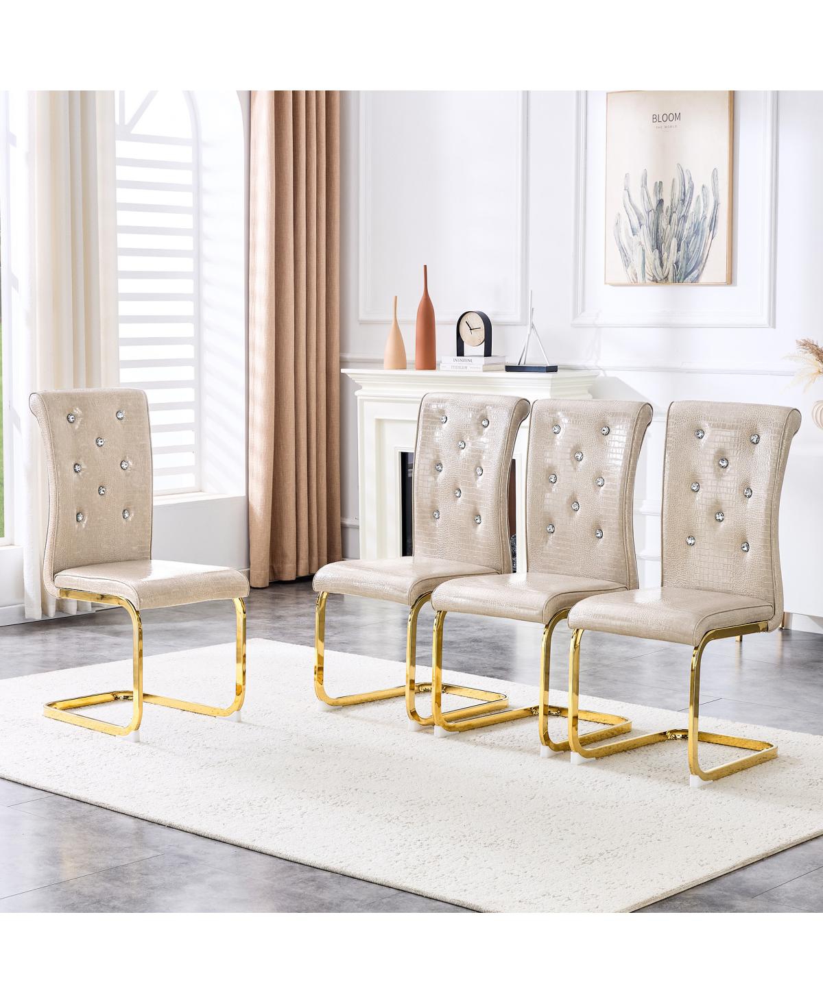 Streamdale Furniture Set of Retro Alligator Upholstered Dining Chairs with Crystal Buckle & Gold Legs