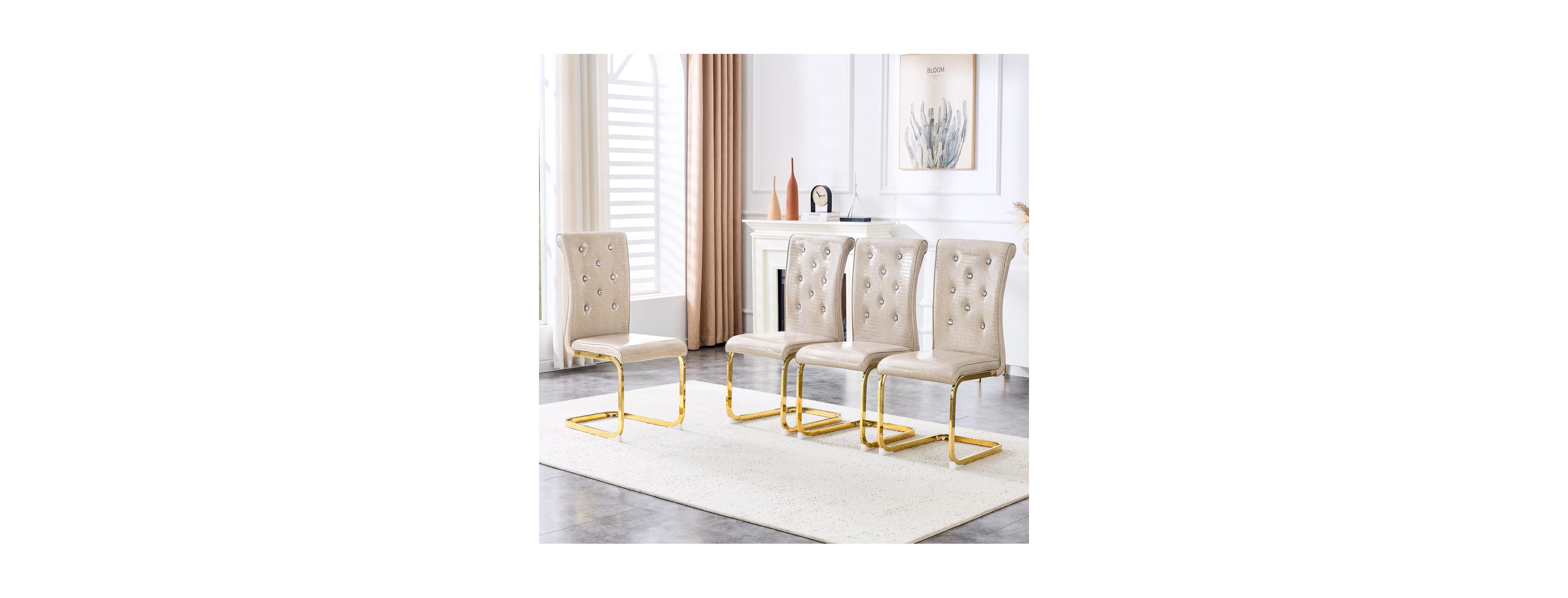 Streamdale Furniture Set of 4 Retro Alligator Upholstered Dining Chairs with Crystal Buckle & Gold Legs