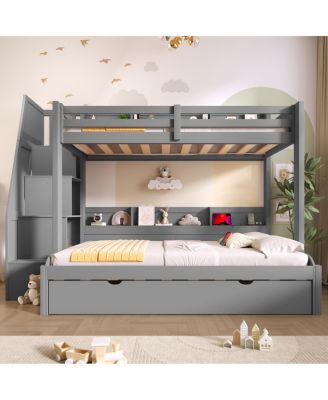 over Full Bunk Bed with Storage Stairs, Trundle, LED, USB