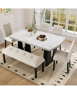 Modern Tufted Linen Dining Bench with Black Rubber Wood Legs