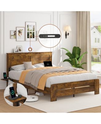 Farmhouse Queen Bed Frame w/ Storage Shelf, LED Lights & Charging Station