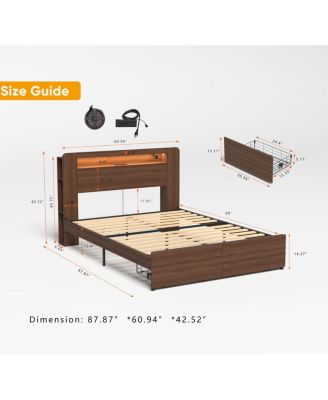 Wooden Queen Farmhouse Bed Frame with Bookcase, Storage Drawers & LED Headboard