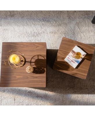 Walnut Nesting Cube Coffee Table Set - Modern MDF Wood Grain Side Tables