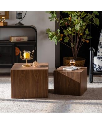 Walnut Nesting Cube Coffee Table Set - Modern MDF Wood Grain Side Tables