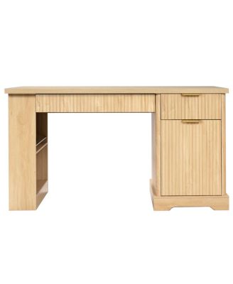 55" Modern Fluted Office Desk with Storage, Drawers, Power Outlet & Shelves