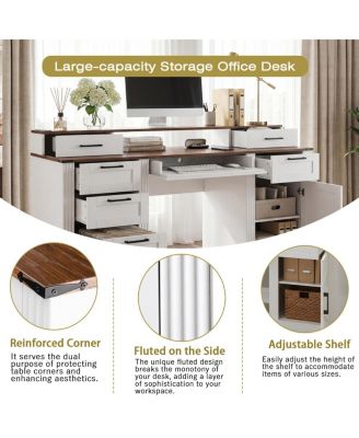 Farmhouse Office Desk with Charging Station & Storage Cabinet