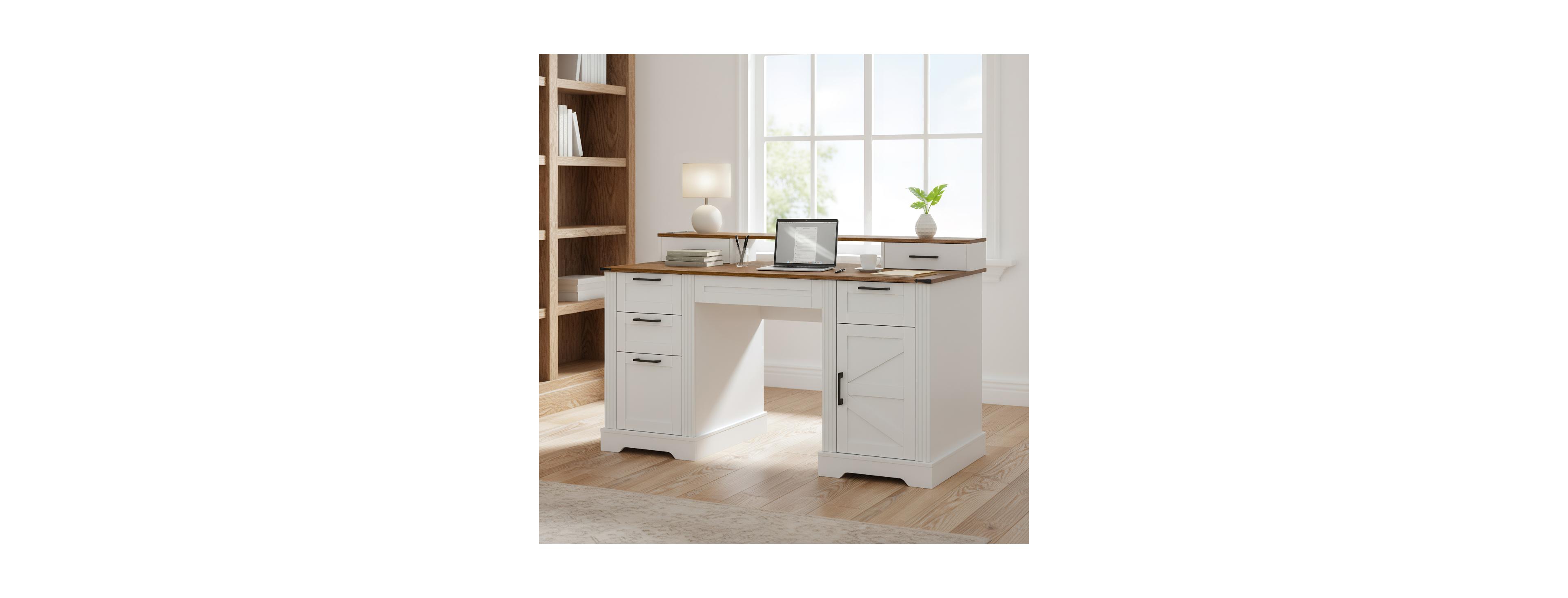Streamdale Furniture Farmhouse Office Desk with Charging Station & Storage Cabinet